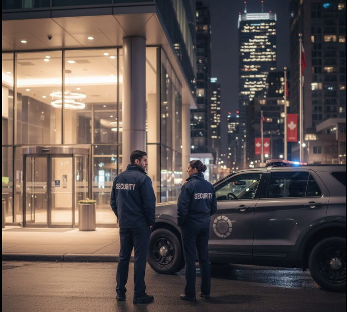 Professional security guards on patrol with security vehicle at night in Toronto, GTA - DW Security Services providing 24/7 protection