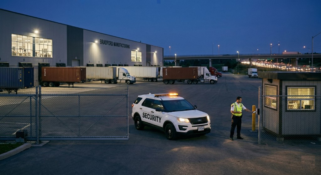 Night coverage at a Bradford-area manufacturing plant: marked security SUV, officer at a gatehouse, lit loading docks, and highway traffic beyond the yard.
