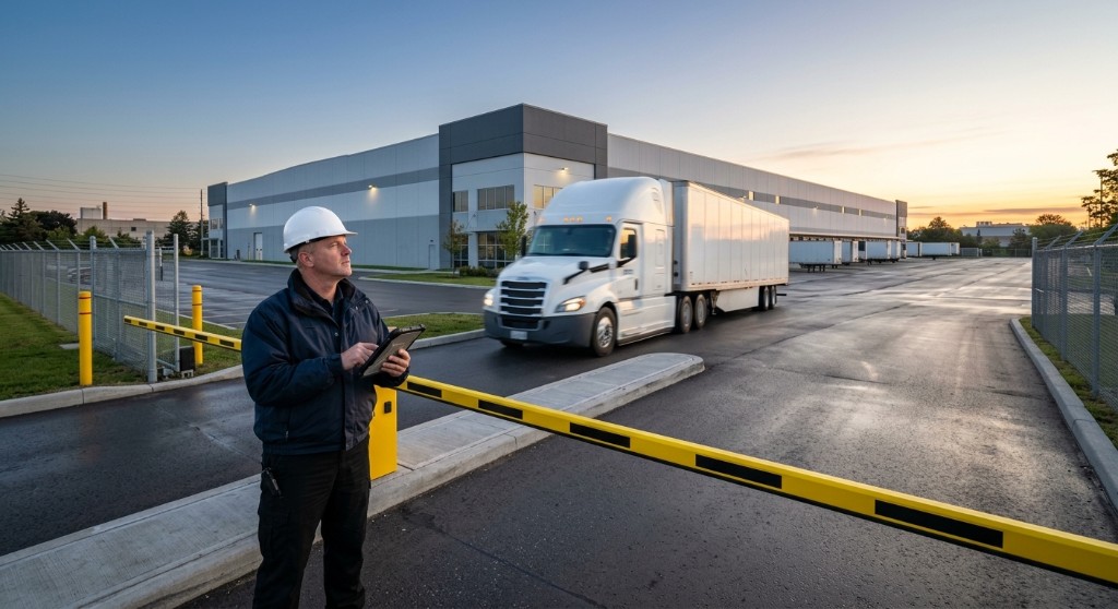 Security professional in a hard hat monitoring semi-truck access with a tablet at a Brampton distribution centre gate, with warehouse logistics in the background.