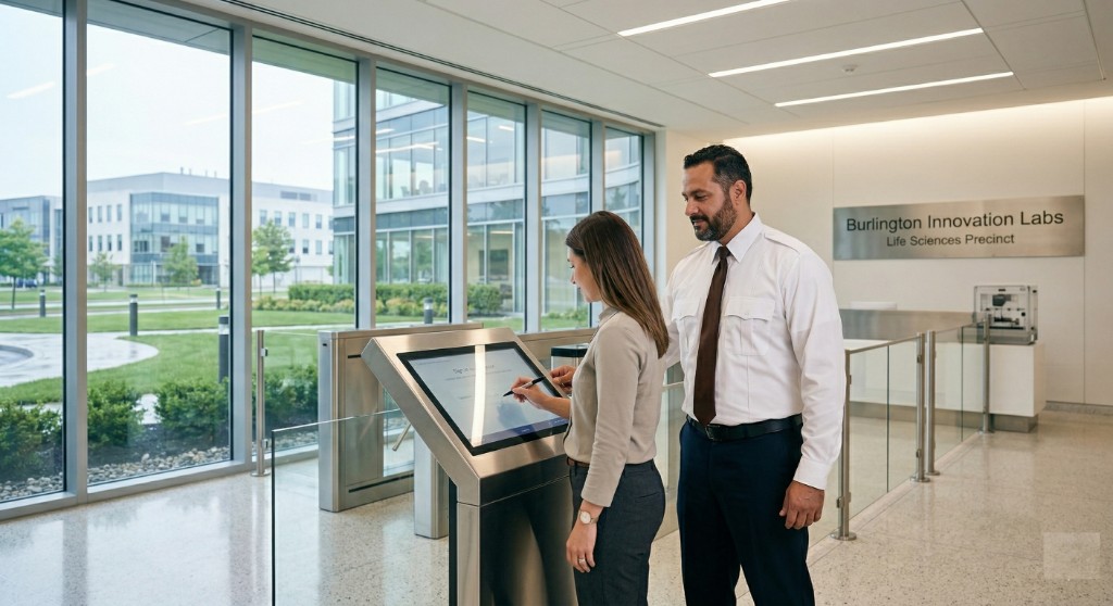 Visitor sign-in at a modern lobby kiosk with a uniformed security professional beside her in a Burlington corporate building; life sciences precinct reception area.