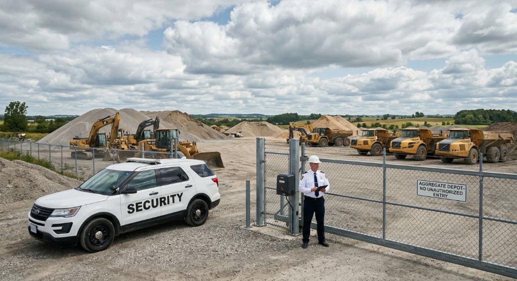 Marked security patrol vehicle and uniformed guard monitoring the gate of a Caledon aggregate depot, with heavy equipment and stockpiles in the background.