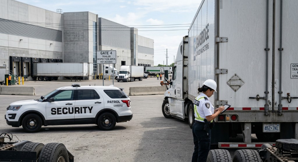 Security officer in hi-vis and hard hat documenting a trailer inspection with a tablet; marked patrol SUV at a gated warehouse yard in the Cambridge area.