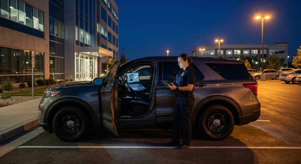 Campus security officer on evening patrol at Ontario educational facility