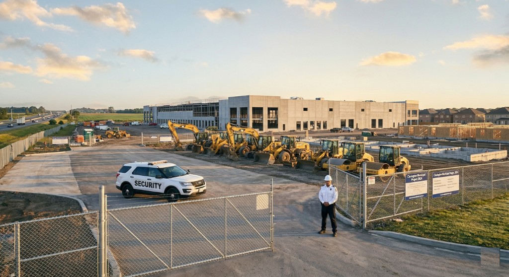 Marked security SUV and uniformed guard at the gate of a Clarington construction compound with heavy equipment, new industrial build, and highway visible at golden hour.