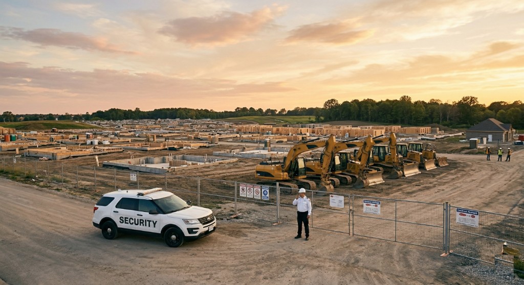 Marked security SUV and uniformed guard with radio at a large Innisfil residential construction site at sunset, heavy equipment and new foundations inside the fence.