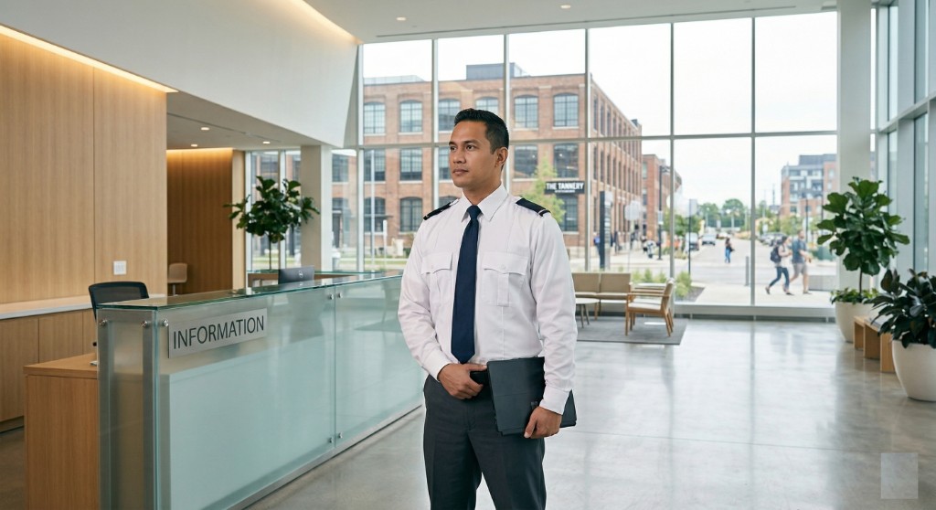 Uniformed lobby security professional in a modern Kitchener–Waterloo office reception; information desk and heritage brick building visible through the windows.