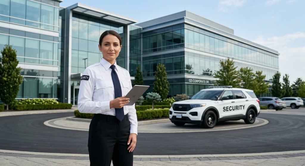 Professional security guard with a tablet beside a marked patrol SUV at a modern Mississauga corporate office building with glass facade.