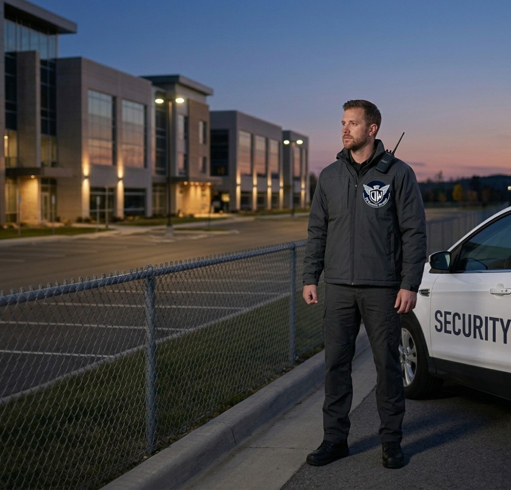Licensed security guard with marked patrol vehicle at Ontario commercial site