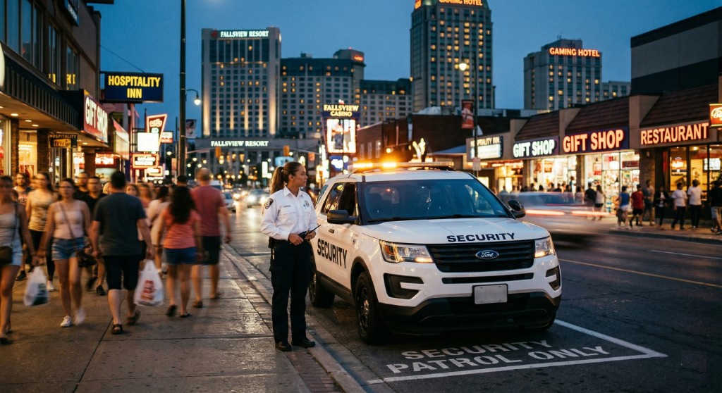 Uniformed security guard and marked patrol SUV in the Niagara Falls Fallsview resort and casino district at dusk, neon signage and crowds on the sidewalk.