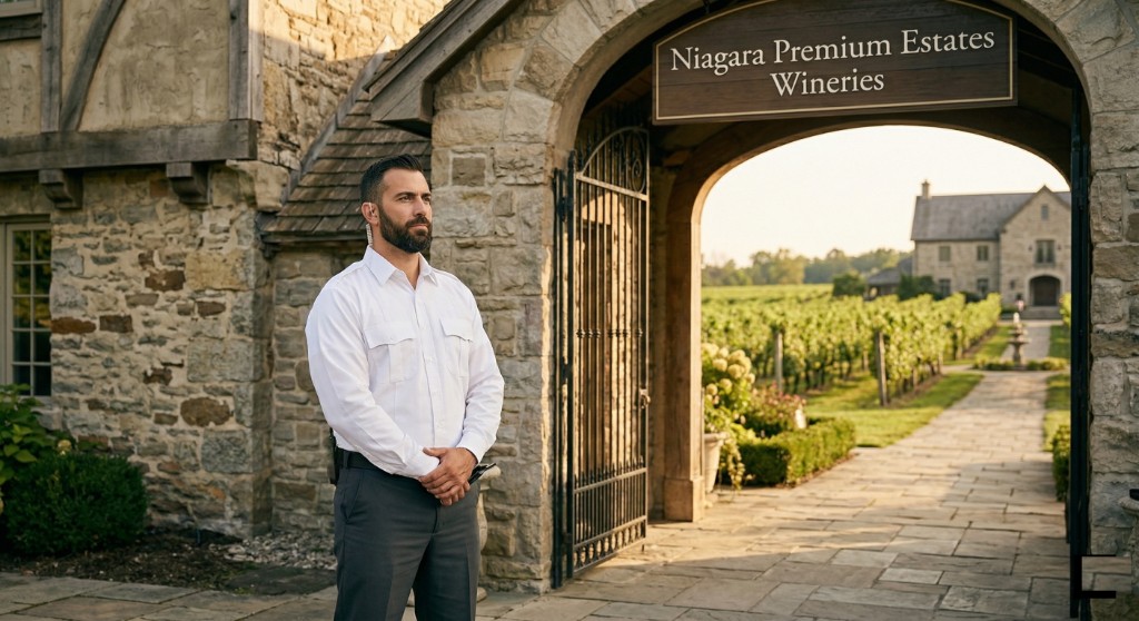 Uniformed security professional at the stone arch entrance to a Niagara-on-the-Lake winery estate, vineyard rows and country manor beyond.