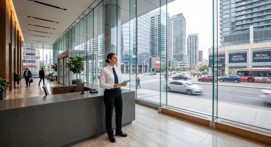 Professional security guard with tablet in a bright North York corporate lobby, reception desk and downtown towers visible through floor-to-ceiling windows.