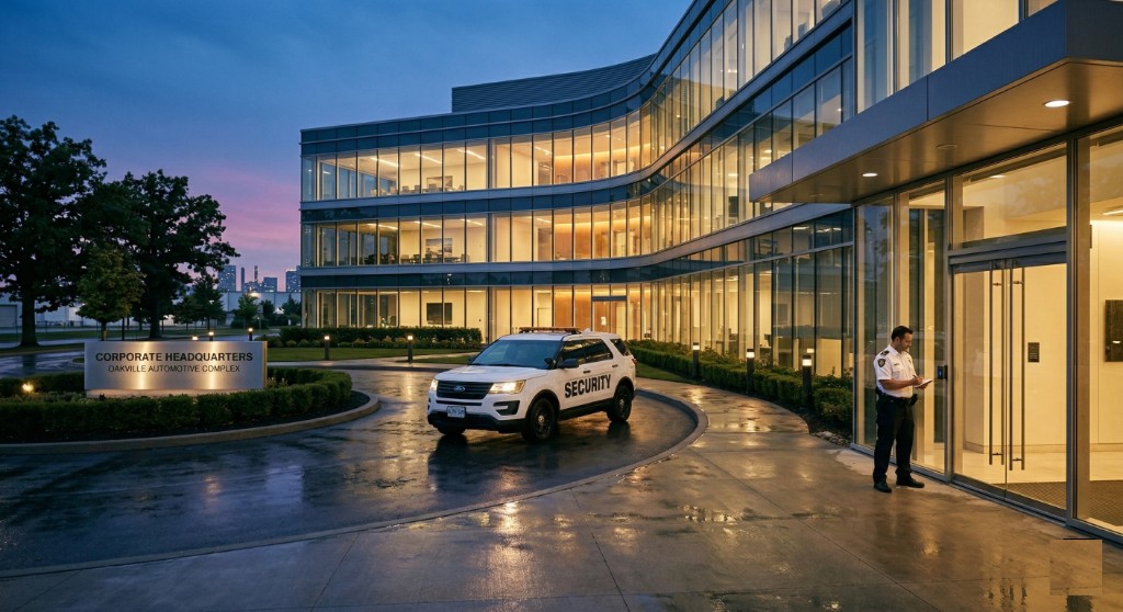 Marked security patrol SUV and uniformed officer at dusk outside a modern Oakville corporate headquarters, wet drive and illuminated building facade.