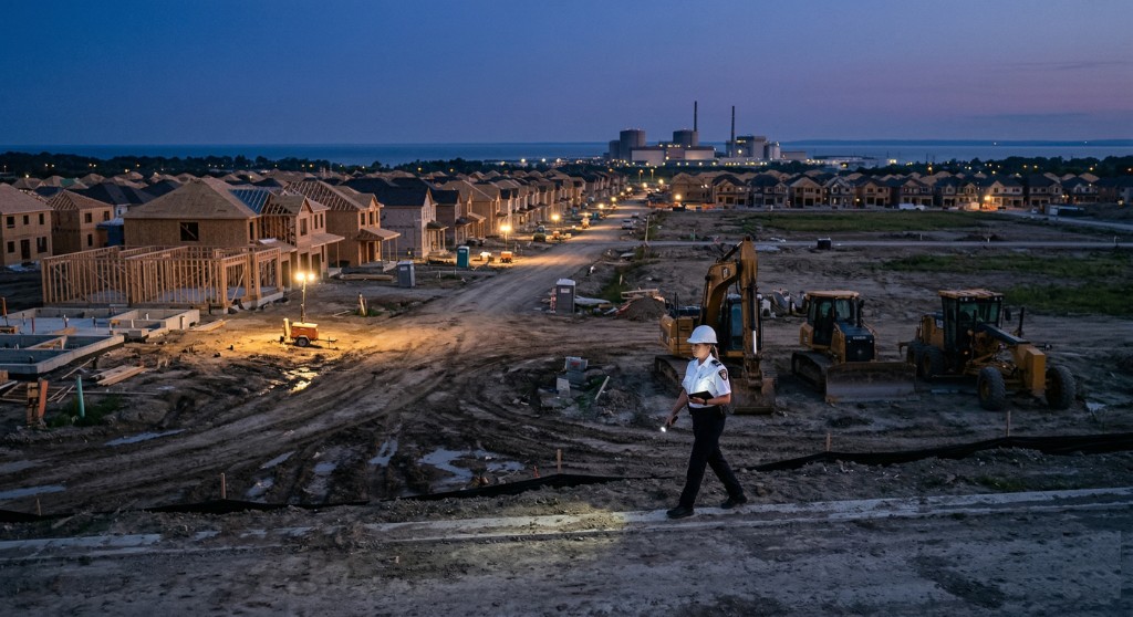 Uniformed security guard with tablet and flashlight on patrol at a Pickering-area residential construction site at dusk, framed houses, heavy equipment, and Lake Ontario horizon beyond.