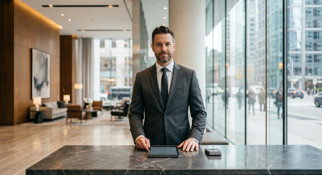 Professional security concierge at Ontario condominium or residential lobby