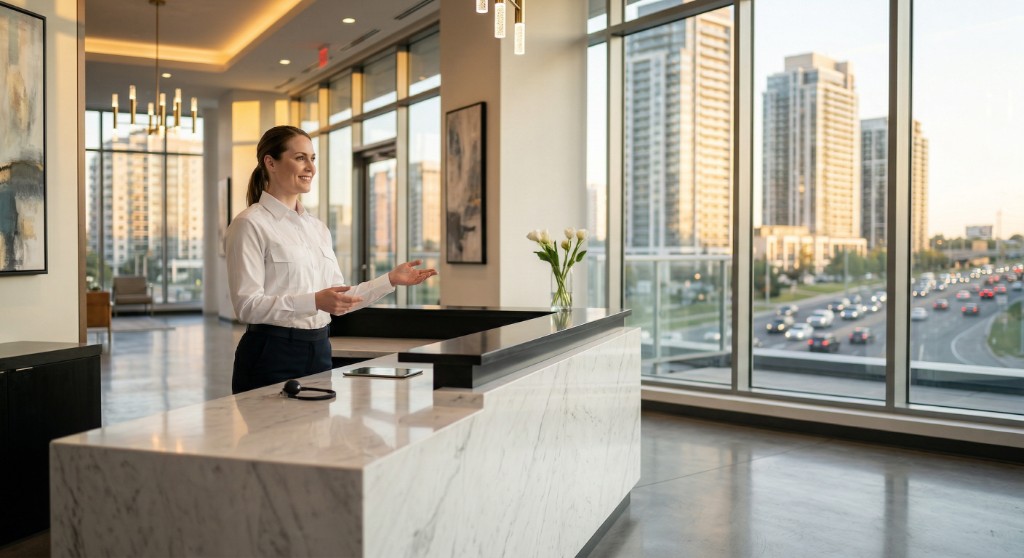 Professional concierge-style security at a marble reception desk in a Richmond Hill corporate lobby, urban skyline and highway visible through tall windows at dusk.