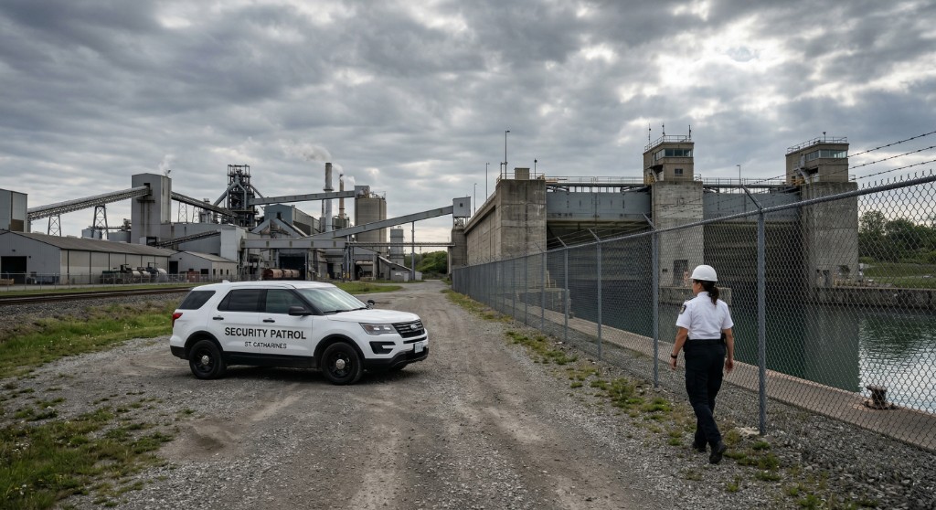 St. Catharines security patrol SUV and officer on a gravel service road between industrial plants and a large concrete canal lock structure under an overcast sky.