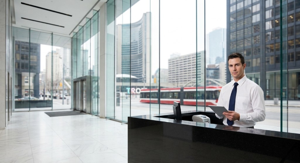 Concierge-style security guard with tablet at a downtown Toronto office lobby; Nathan Phillips Square area visible through the glass with a TTC streetcar and City Hall beyond.