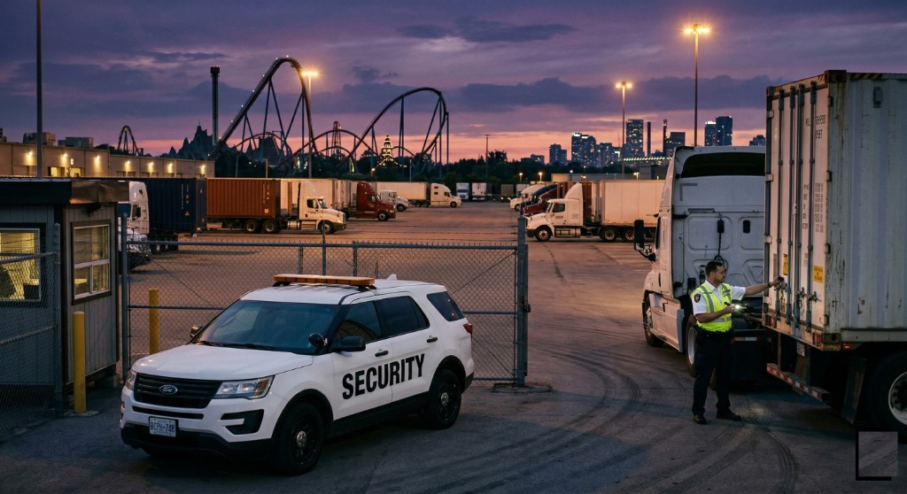 Security officer in high-visibility gear verifying a trailer beside a marked patrol vehicle at a Vaughan-area logistics yard at dusk, regional skyline beyond.
