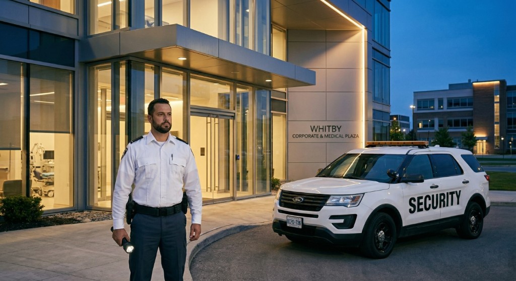 Uniformed security guard with flashlight beside a marked patrol SUV at dusk outside the Whitby Corporate & Medical Plaza, modern entrance and lit windows.